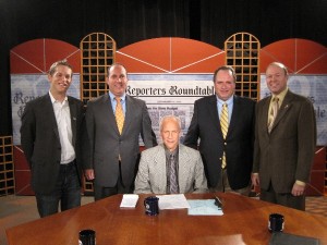 Murray Sabrin, right, with Jay Lassiter, Jeff Gardner, then BlueJersey bloggers, Michael Aron, then of NJN, and MMM publisher Art Gallagher at a November 2010 shooting of Reporters Roundtable.