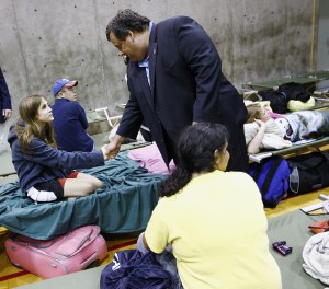 Governor Chris Christie greeting evacuees at Rutgers, Piscataway.  Photo credit: Tim Larsen/Governor's Office