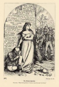 '"The Chinese Question.' Columbia- "Hands off, gentleman! American means fair play for all men."' ~ Harpers Weekly, February 18, 1871