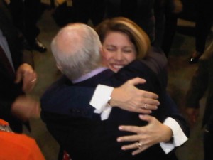 Freeholder Serea DiMaso embraces Freeholder Director John Curley seconds after she is sworn into office.  Curley and DiMaso, who challenged each other for the 2008 Freeholder nomination, will be running mates this fall.