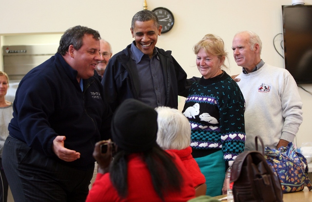 Gov Chris Christie and President Barack Obama greet residents sheltering in Brigantine. Oct 31, 2012. Gov's Office/Tim Larsen