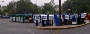 No news. Empty newsstands stored in the Asbury Park Press's empty parking lot in Neptune.