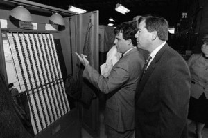 Assembly candidates Chris Christie and Rick Merkt examine the ballot in 1995