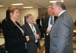 Monmouth County Freeholder Serena DiMaso, Keansburg Deputy Mayor Jimmy Cocuzza, Congressman Frank Pallone and Senate President Steve Sweeney talk before Sweeney's Town Hall Meeting in Keansburg. Pallone was not impressed.