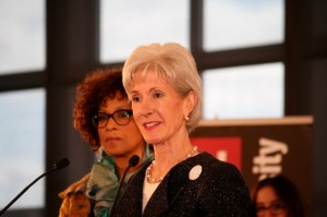 U.S. HHS Secty Kathleen Sebelius speaking on Montclair State University. State Senator Nia Gill in background.  copyright Gallco Media, LLC