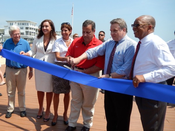 Dr. Dale Whilden, President of the Ocean Grove Camp Meeting Assoc, Assemblywoman Caroline Casagrande, Sen Jennifer Beck, Gov Chris Christie, Congressman Chris Smith and Neptune Mayor Dr. Michael Brantley cut the ribbon of Ocean Grove's rebuilt boardwalk