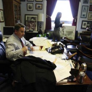 N.J. Congressman Chris Smith, (R-4th District, left, concludes a meeting with staff members, legal assistant, Cate Bendetti center, and Foreign Affairs Council Akkison Hollabaugh, right, before heading to the Capitol Building. Washington, DC. Robert Sciarrino/The Star-Ledger