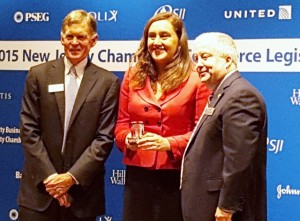 Caroline Casagrande accepting the Legislator of the Year Award from Chamber President & CEO Tom Bracken and Michel Egenton, Senior Vice President.