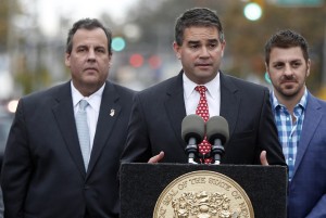 MayorLawless Matt Doherty speaks during the Two Year Hurricane Sandy Anniversary while Governor Christie practices his Trump sidekick pose(Governor's Office/Tim Larsen)