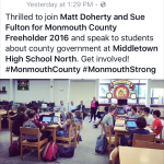 Screenshot of Surrogate Candidate Vincent Solomeno's facebook post about campaigning in Middletown High School North. MMM has reduced the size of the photo to protect the identity of the students.