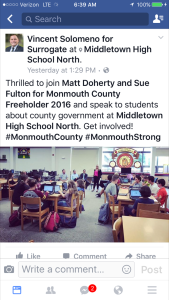 Screenshot of Surrogate Candidate Vincent Solomeno's facebook post about campaigning in Middletown High School North. MMM has reduced the size of the photo to protect the identity of the students.